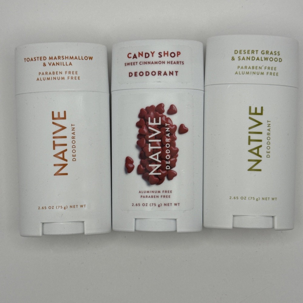 3 Native Deodorant: Toasted Marshmallow, Desert Grass Sandalwood, CinnamonHearts